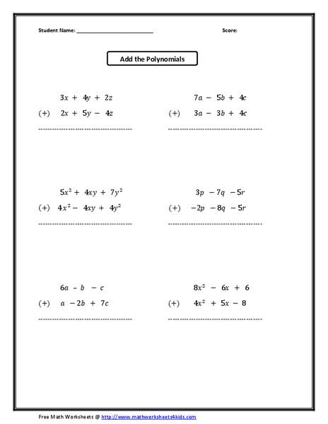 Add the Polynomials Worksheet