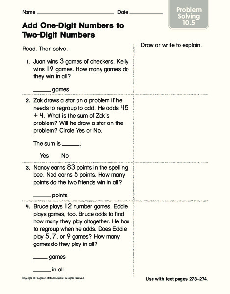 Add One-Digit Numbers to Two-Digit Numbers Worksheet