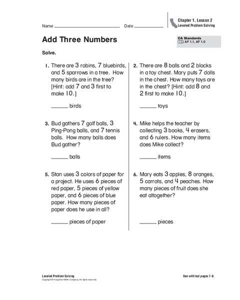 Add Three Numbers Worksheet for 2nd - 3rd Grade | Lesson Planet