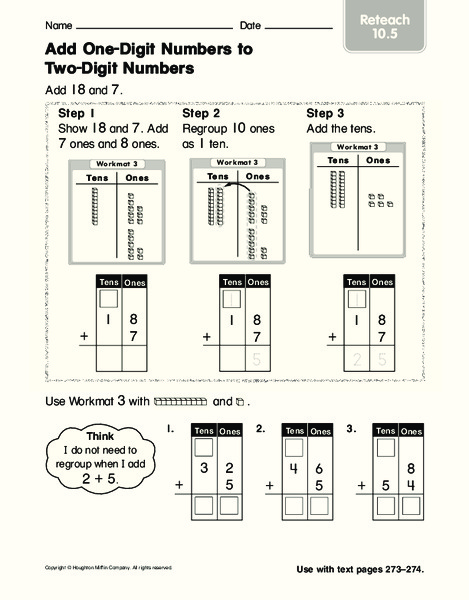 Add One-Digit Numbers to Two-Digit Numbers Worksheet
