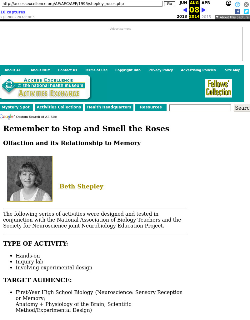 Remember to Stop and Smell the Roses: Olfaction and its Relationship to Memory Lesson Plan