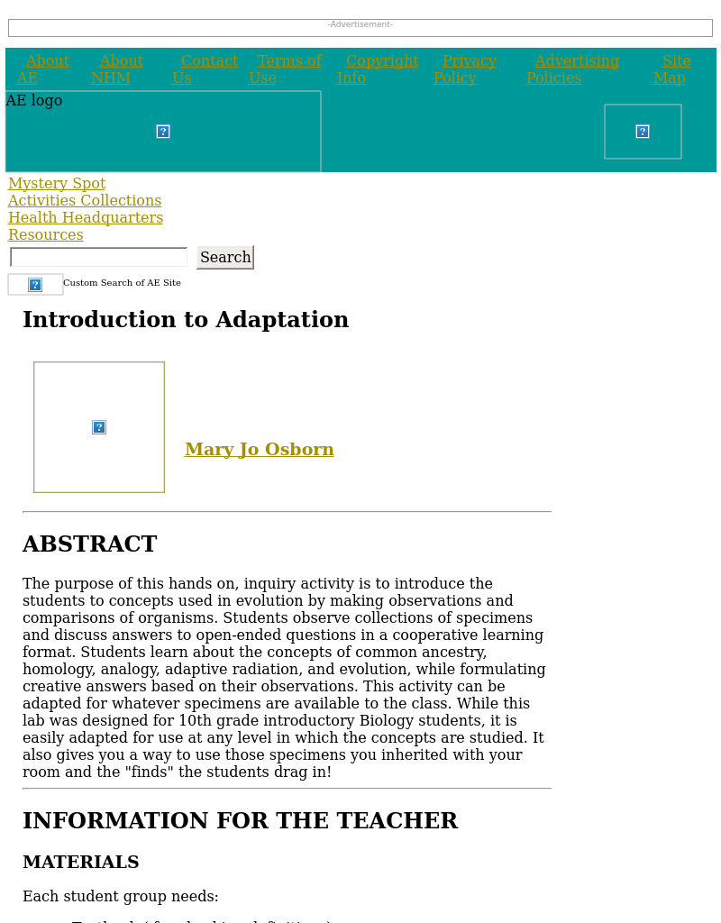 Introduction to Adaptation Lesson Plan