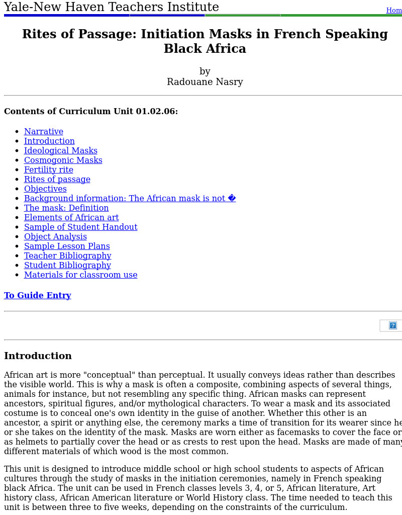 Rites of Passage: Initiation Masks in French Speaking Black Africa Lesson Plan