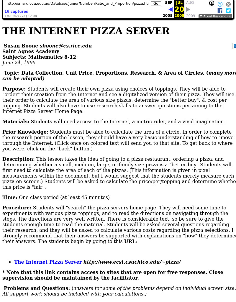 The Internet Pizza Server - Pizza Simulation Lesson Plan