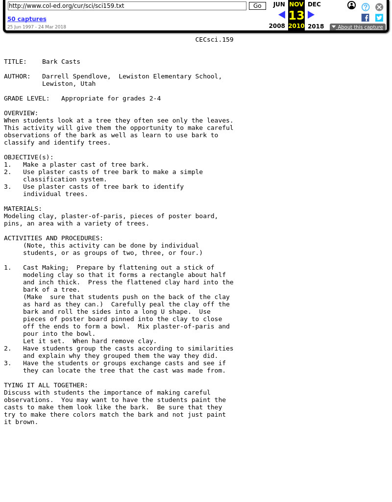 Bark Casts Lewiston, Utah OVERVIEW: When students look at a tree they often see only the leaves. This activity will give them t Lesson Plan