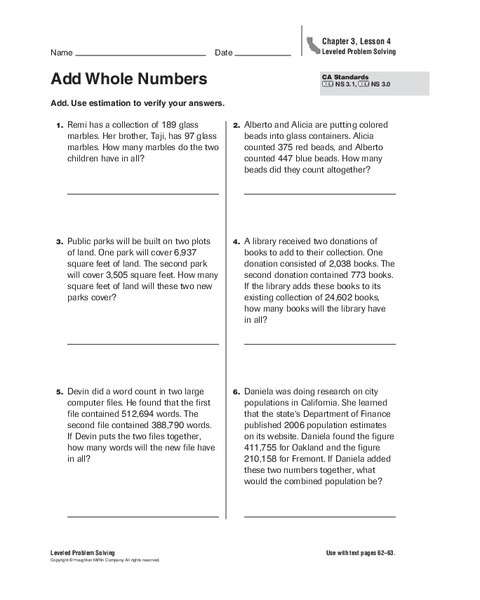 Add Whole Numbers Worksheet