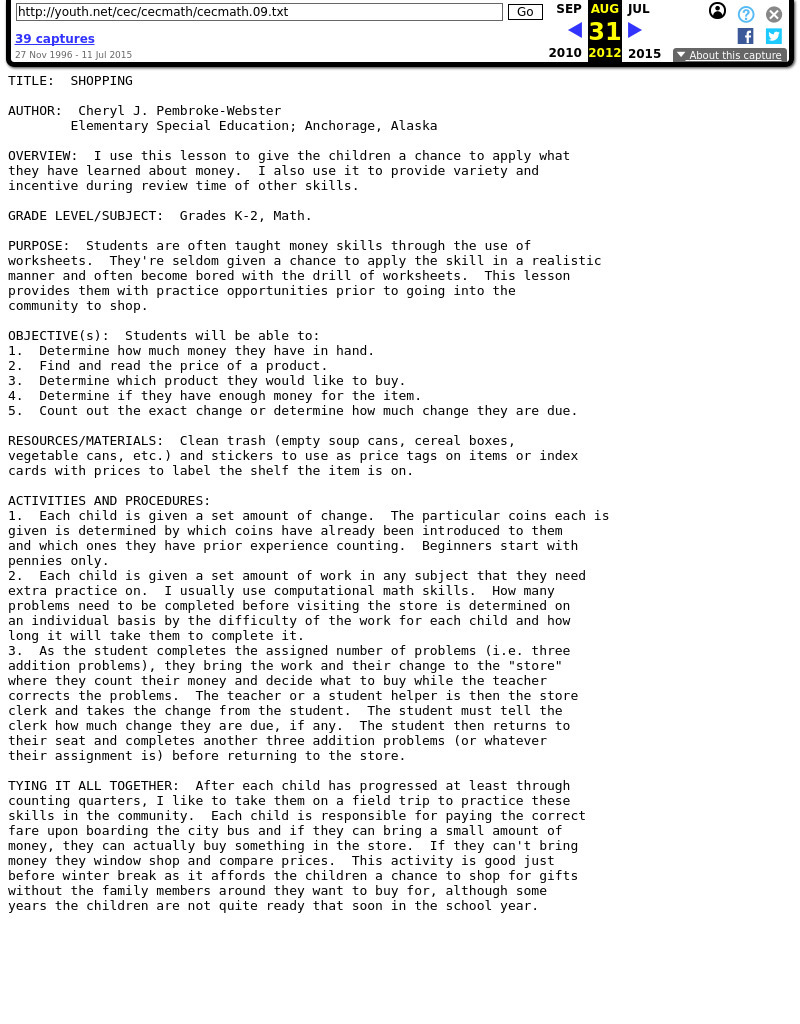 Shopping Lesson Plan