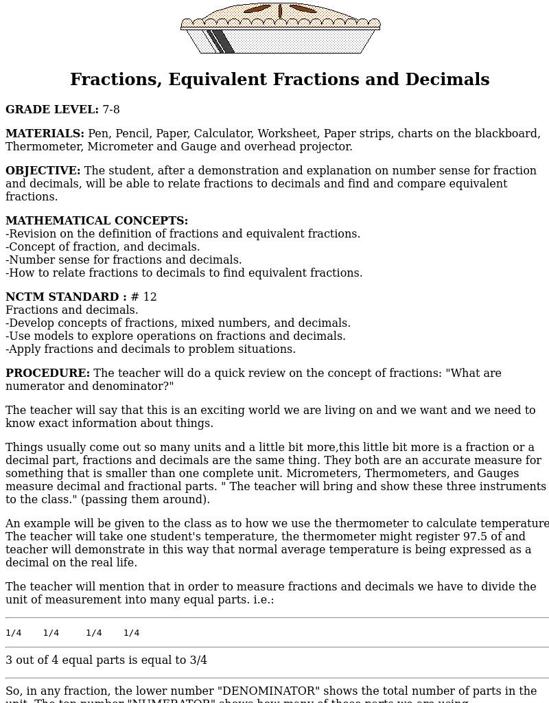 Fractions, Equivalent Fractions and Decimals Lesson Plan