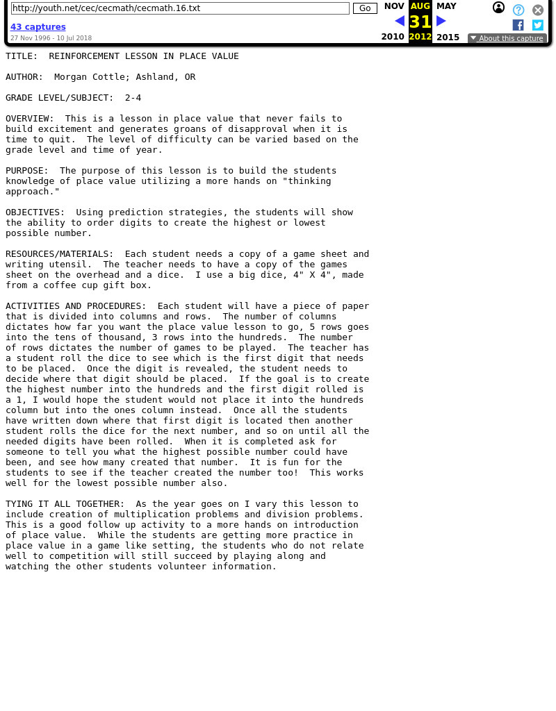 Reinforcement Lesson in Place Value Lesson Plan