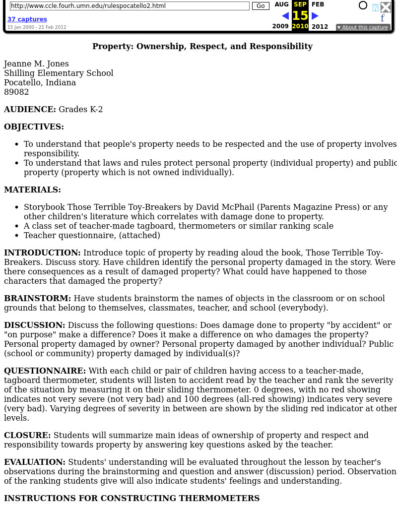 Property: Ownership, Respect, and Responsibilty Lesson Plan