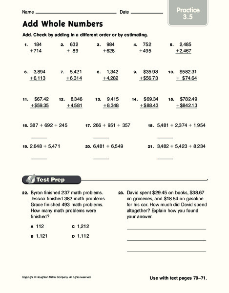 Add Whole Numbers Worksheet