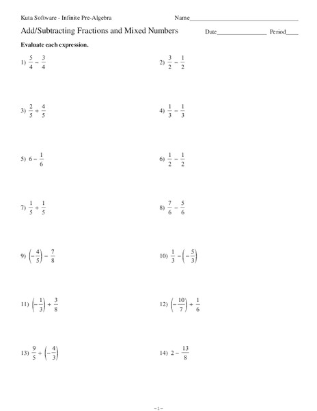 Add/Subtracting Fractions and Mixed Numbers Worksheet
