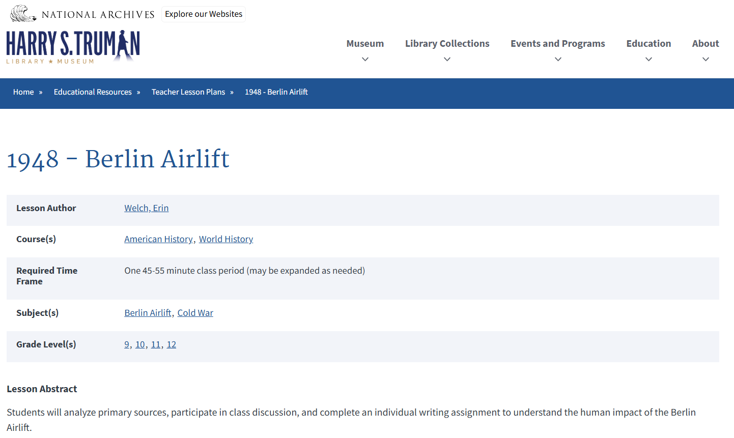 1948 - Berlin Airlift Lesson Plan