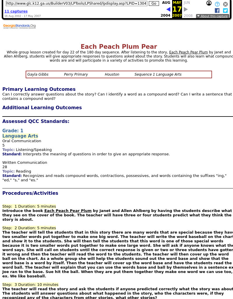 Each Peach Plum Pear Lesson Plan