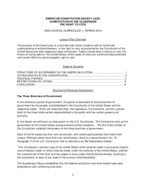 Constitution in the Classroom: The Right to Vote Lesson Plan