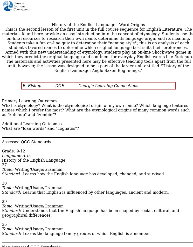 History of the English Language - Word Origins Lesson Plan