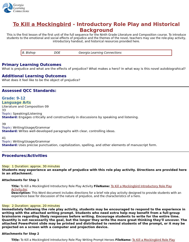 To Kill a Mockingbird - Introductory Role Play and Historical Background Lesson Plan