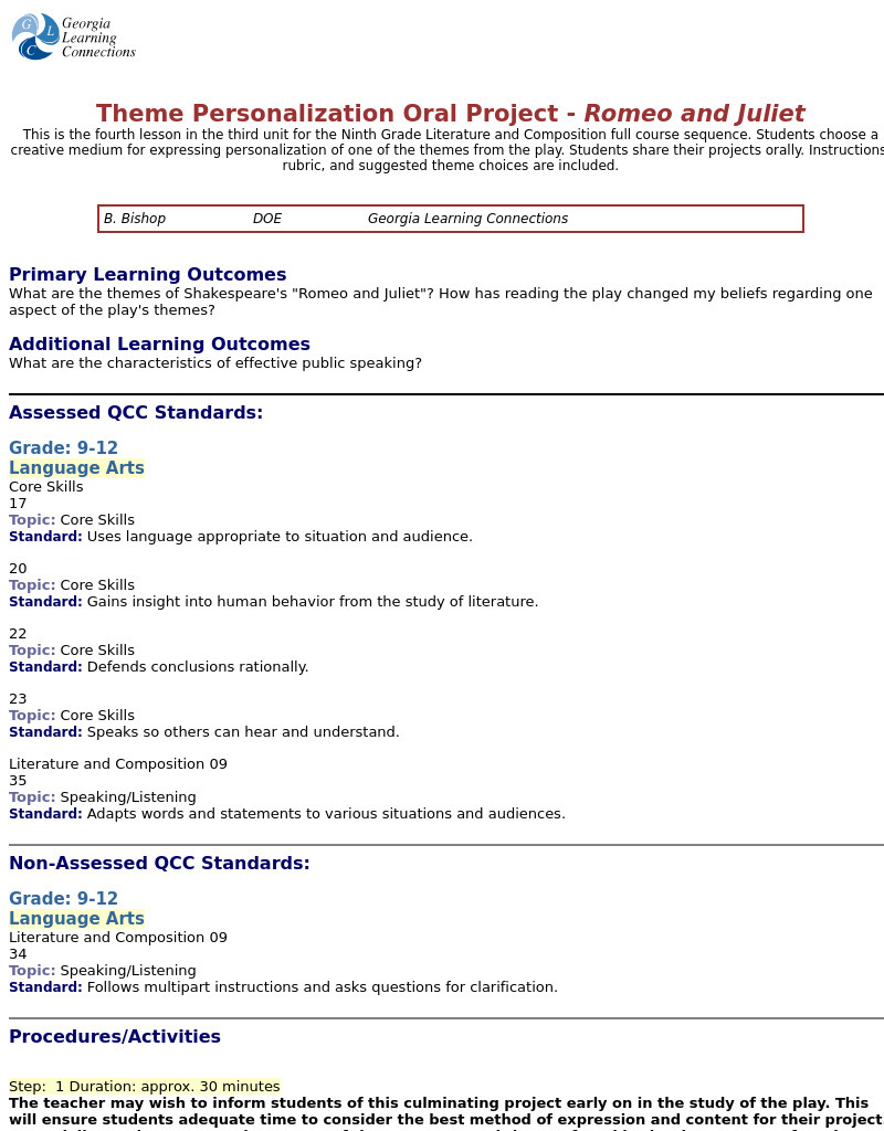 Theme Personalization Oral Project - Romeo and Juliet Lesson Plan