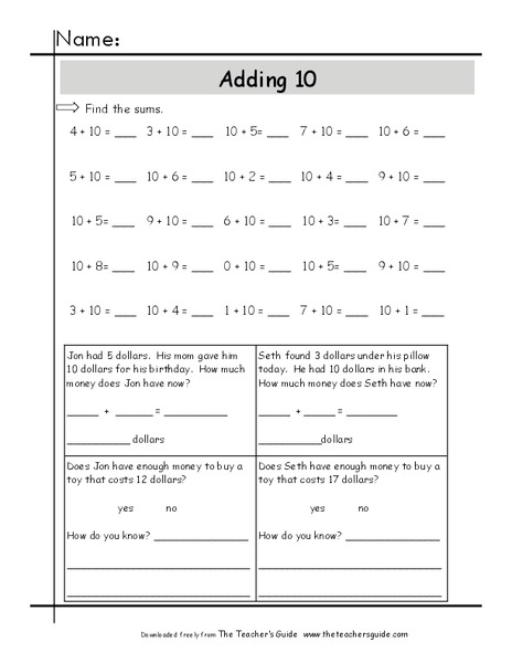 Adding 10 Worksheet