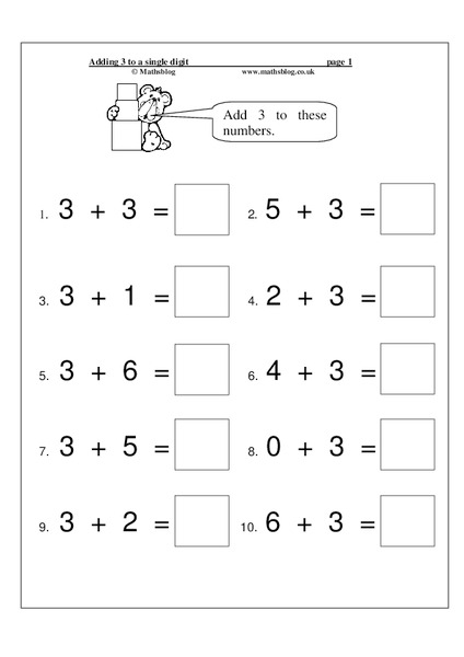Adding 3 to a Single Digit Worksheet