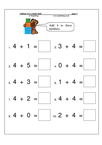 Adding 4 to a Single Digit Worksheet