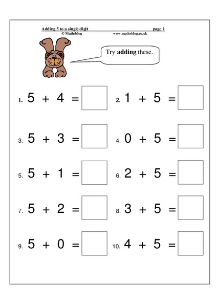 Adding 5 to a Single Digit Worksheet