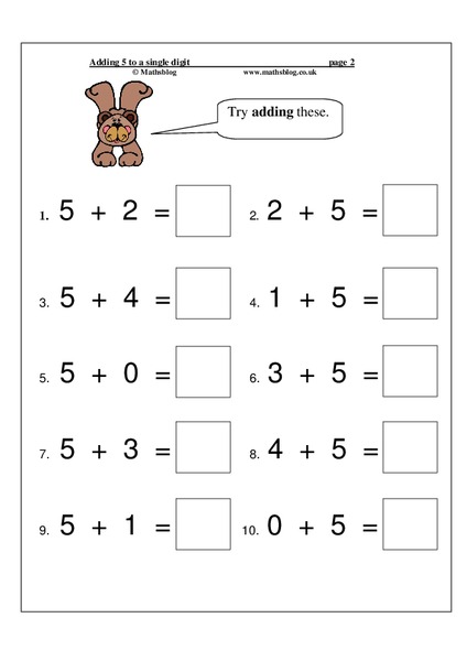 Adding 5 to a Single Digit Worksheet