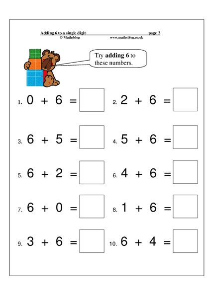 Adding 6 to a Single Digit Worksheet