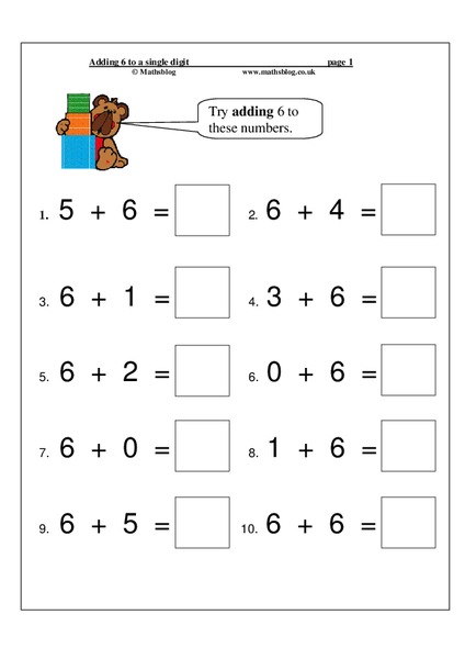 Adding 6 to a Single Digit Worksheet