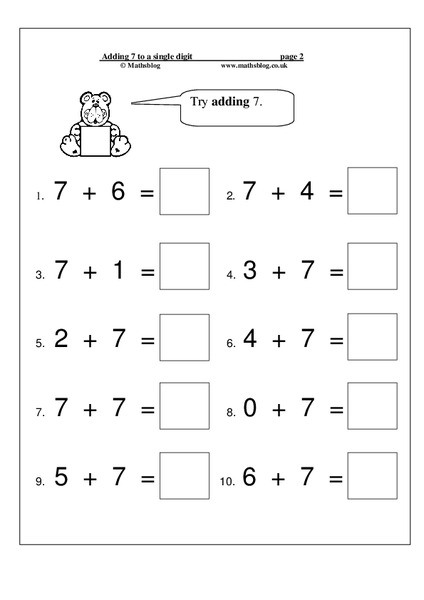 Adding 7 to a Single Digit Worksheet