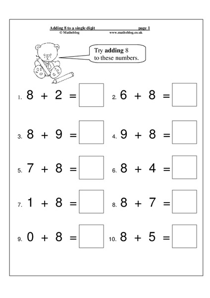 Adding 8 to a Single Digit Worksheet