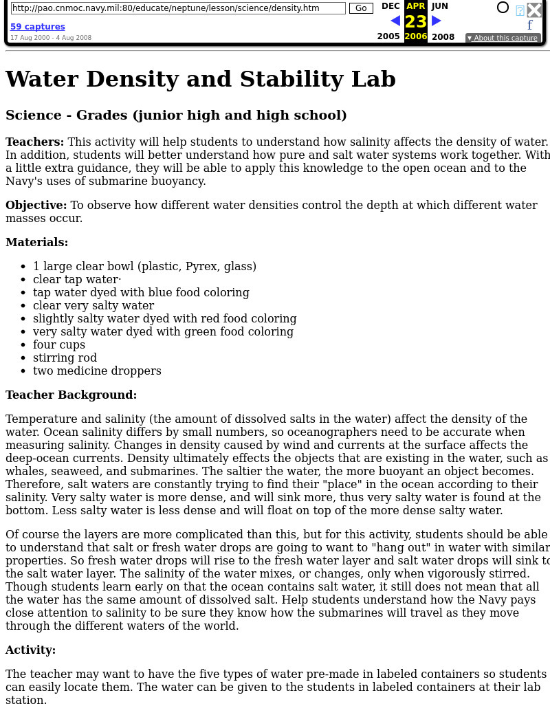 Water Density and Stability Lab Lesson Plan