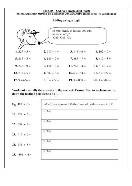 Adding a Single Digit Worksheet