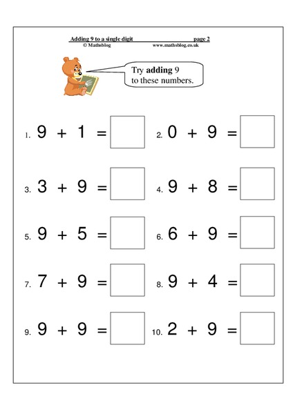 Adding 9 to a Single Digit Worksheet