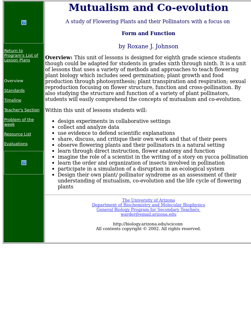 Mutualism and Co-evolution A study of Flowering Plants and their Pollinators: Biology, Plants Lesson Plan