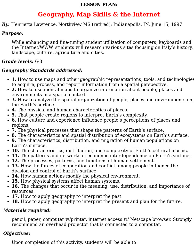 Geography, Map Skills & the Internet: Lesson Plan