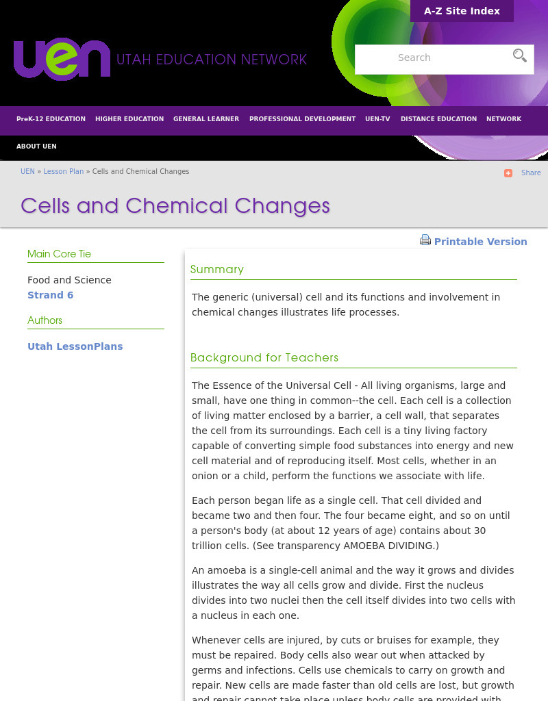Cells and Chemical Changes Lesson Plan