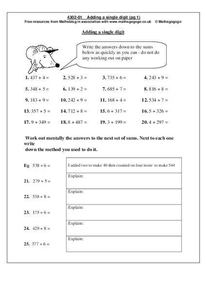 Adding a Single Digit Worksheet
