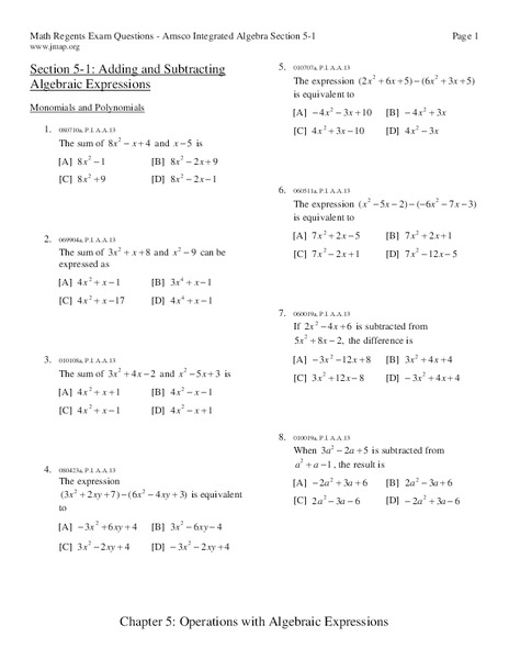Adding and Subtracting Expressions Worksheet