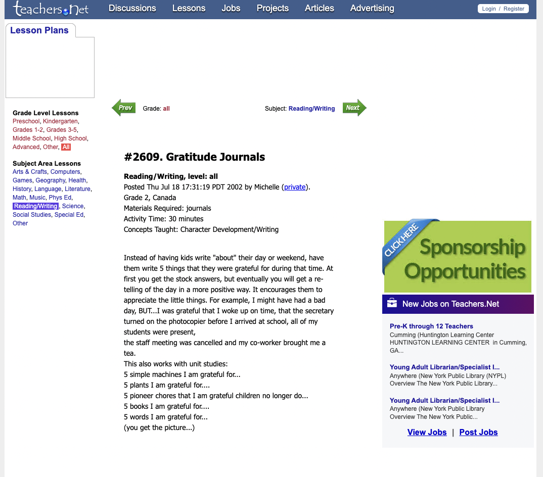 Gratitude Journals: Writing, Characater Education Lesson Plan