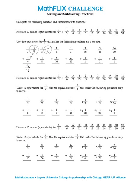 Adding and Subtracting Fractions Worksheet