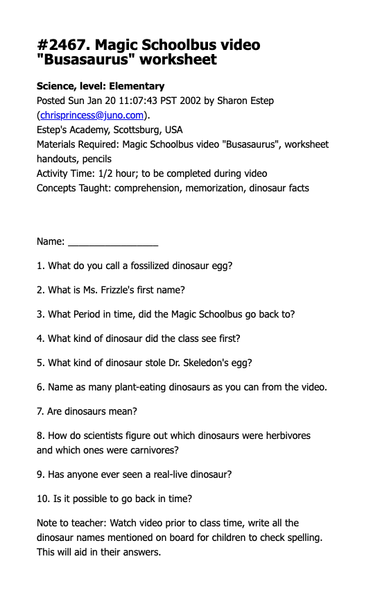 Magic Schoolbus "Busasaurus" Worksheet Worksheet