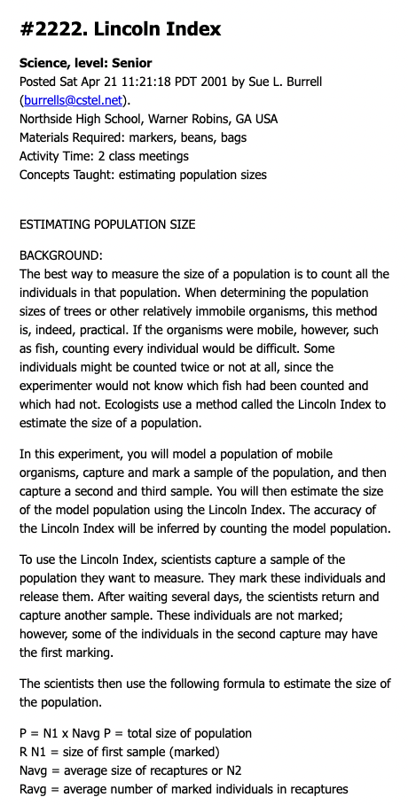 Lincoln Index Lesson Plan