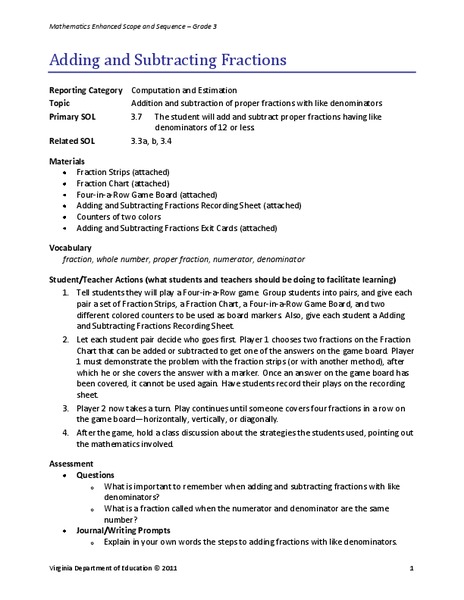 Adding and Subtracting Fractions Lesson Plan