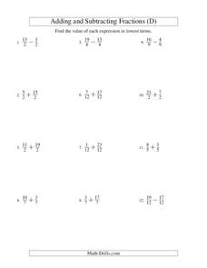Adding and Subtracting Fractions [D] Worksheet