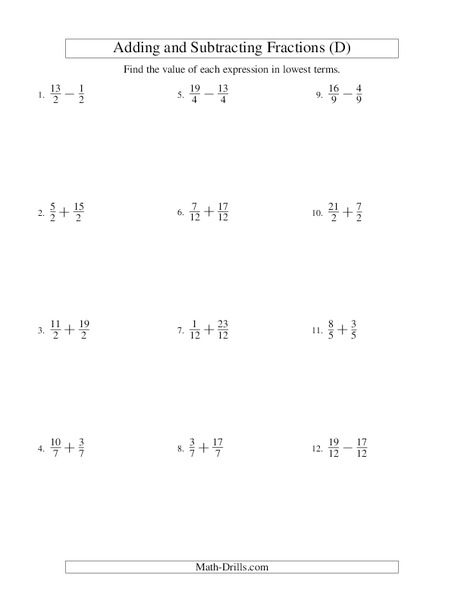Adding and Subtracting Fractions [D] Worksheet