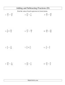 Adding and Subtracting Fractions [D] Worksheet