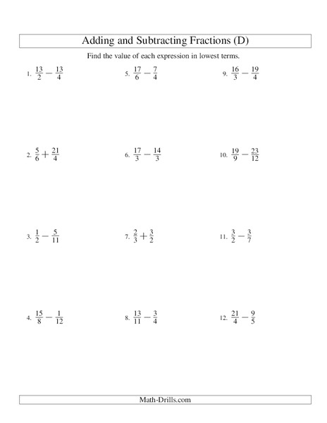 Adding and Subtracting Fractions [D] Worksheet