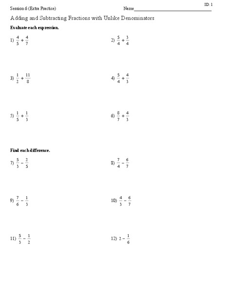 Adding and Subtracting Fractions with Unlike Denominators Worksheet