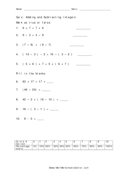 Adding and Subtracting Integers Worksheet